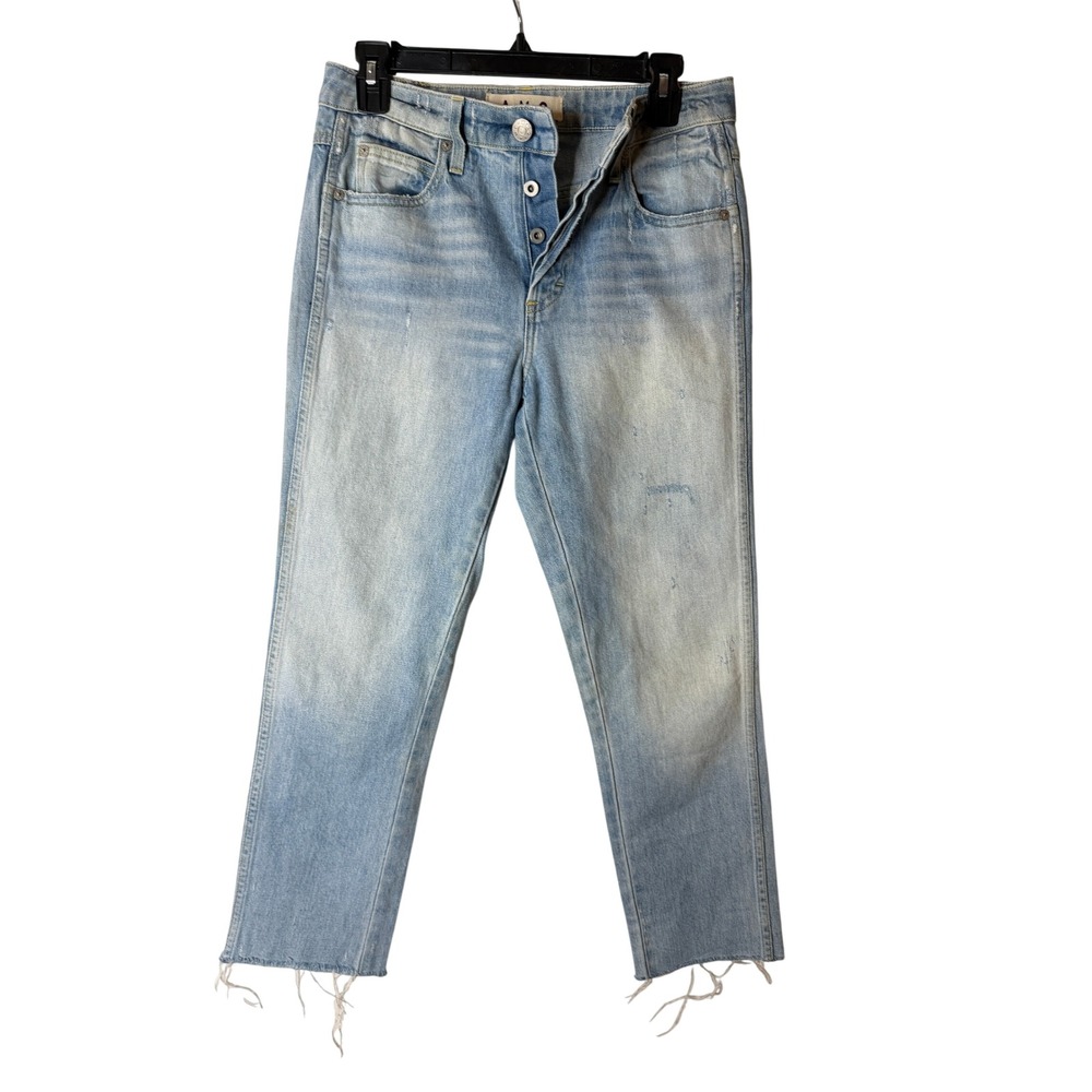 AMO Blaire Jeans Womens Light Wash High Rise Button Fly Raw Hem Straight Leg 29